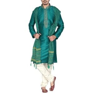 Men's Green & Ivory 3pc Kurta Indian Bollywood Sherwani Suit - Size XL (44)